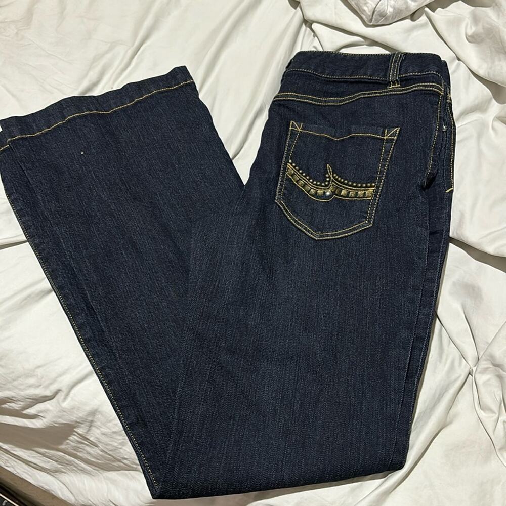 INC denim 8 regular fit flare leg stretch cotton poly spandex blend deep blue